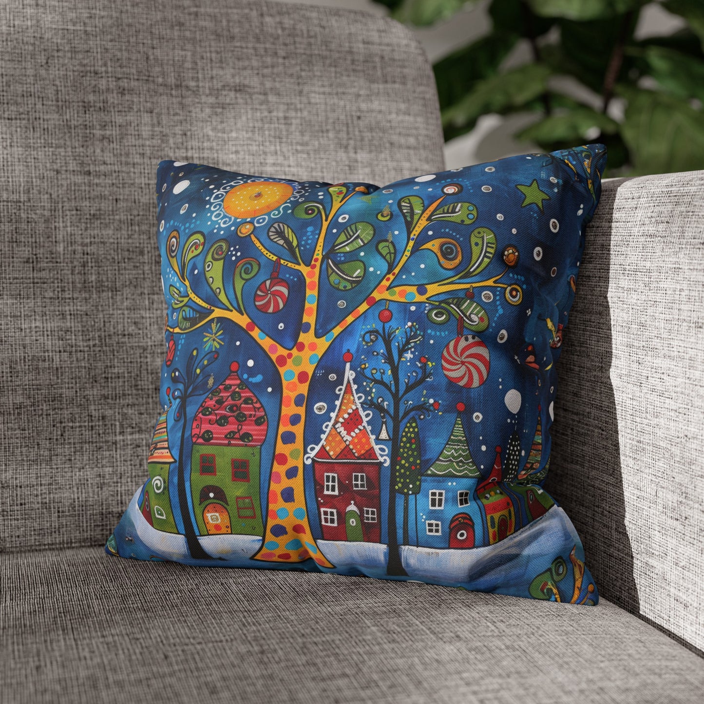 Winter Village Abstract Folk Art Christmas Scene Spun Polyester Square Pillowcase 4 Sizes