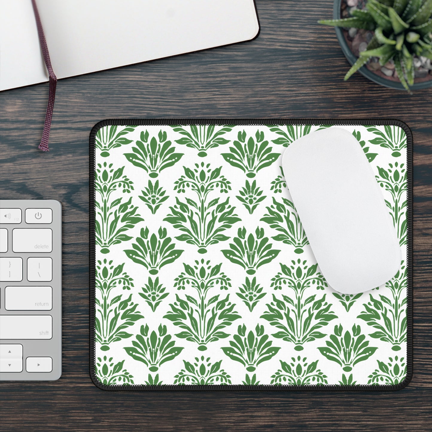 Green Floral Indian Block Print Pattern Gaming Mouse Pad with Finished Edges