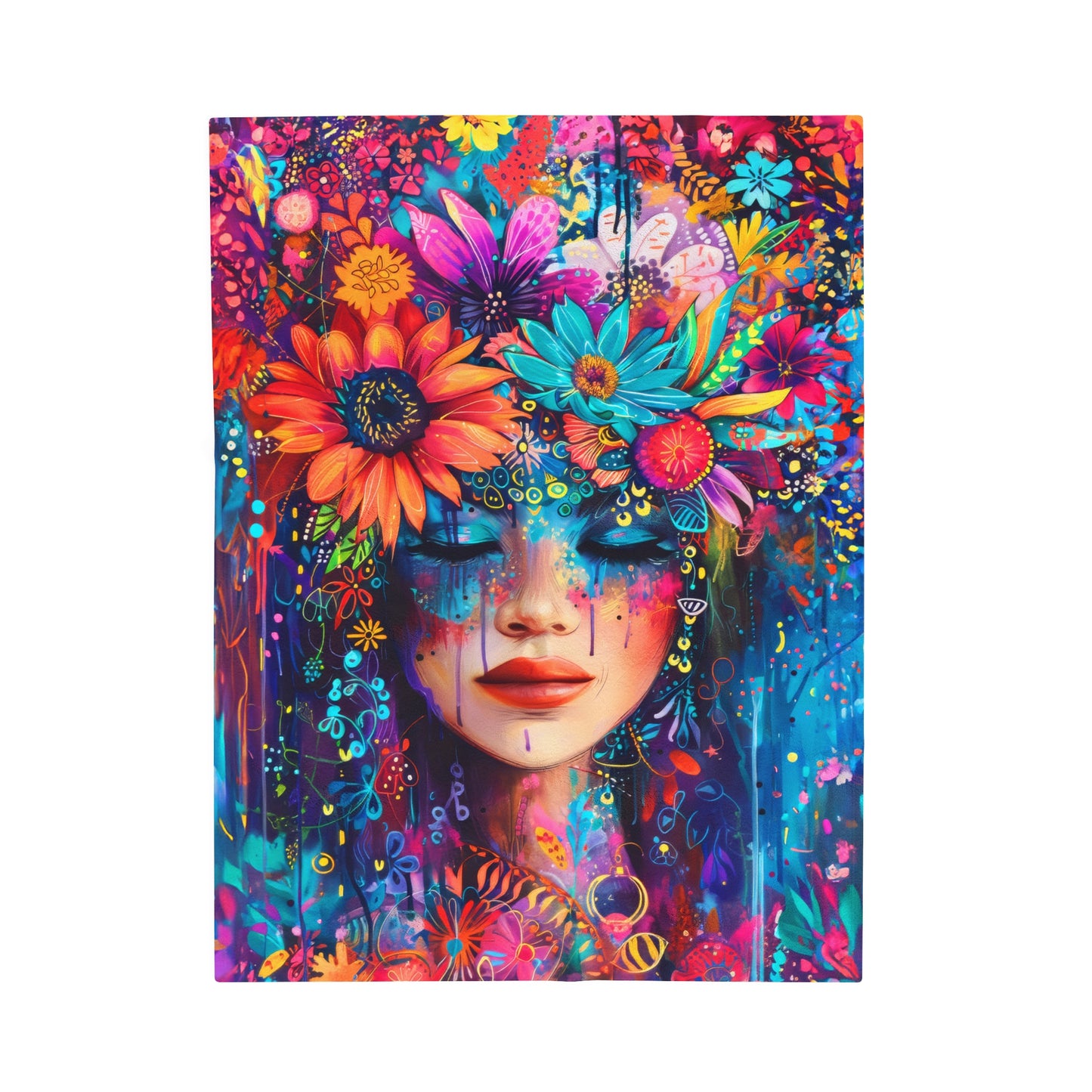 Electric Boho: Neon Flower Girl in Vibrant Hues Velveteen Plush Blanket 3 Sizes