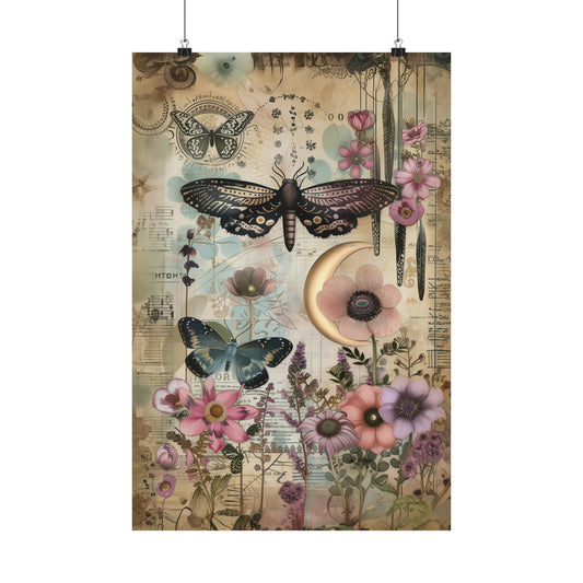 Mystical Musical Celestial Pink Flowers and Butterflies Crescent Moon Print on Matte Poster  - 4 Sizes