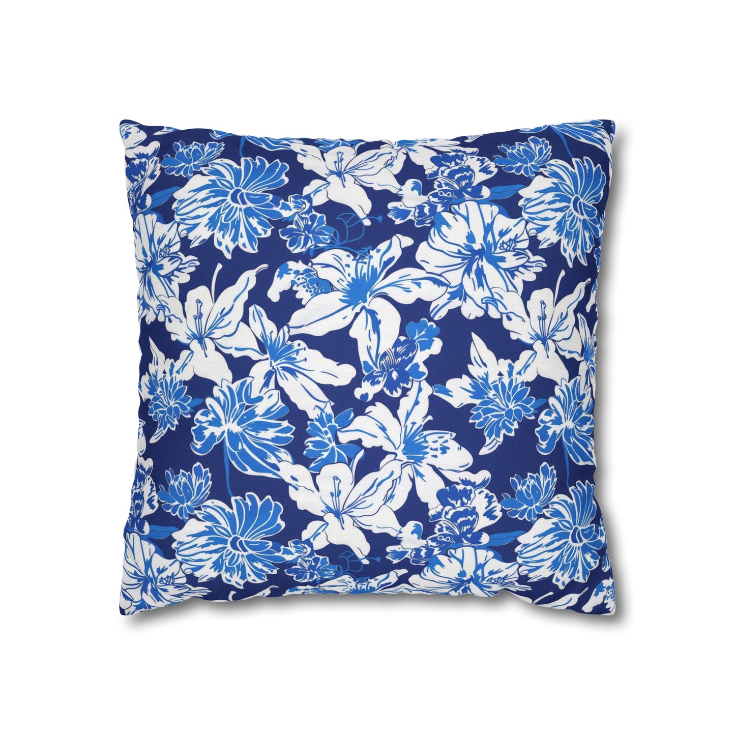 Oceanic Bloom: Watercolor Tropical Flowers in White and Blue against a Deep Blue Background Spun Polyester Square Pillowcase 4 Sizes