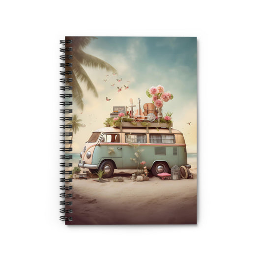 Chill Vibes of VW Bus Life - Guitars, Flowers, and Palm Trees by the Beach - Spiral Notebook Ruled Line 6"x8"