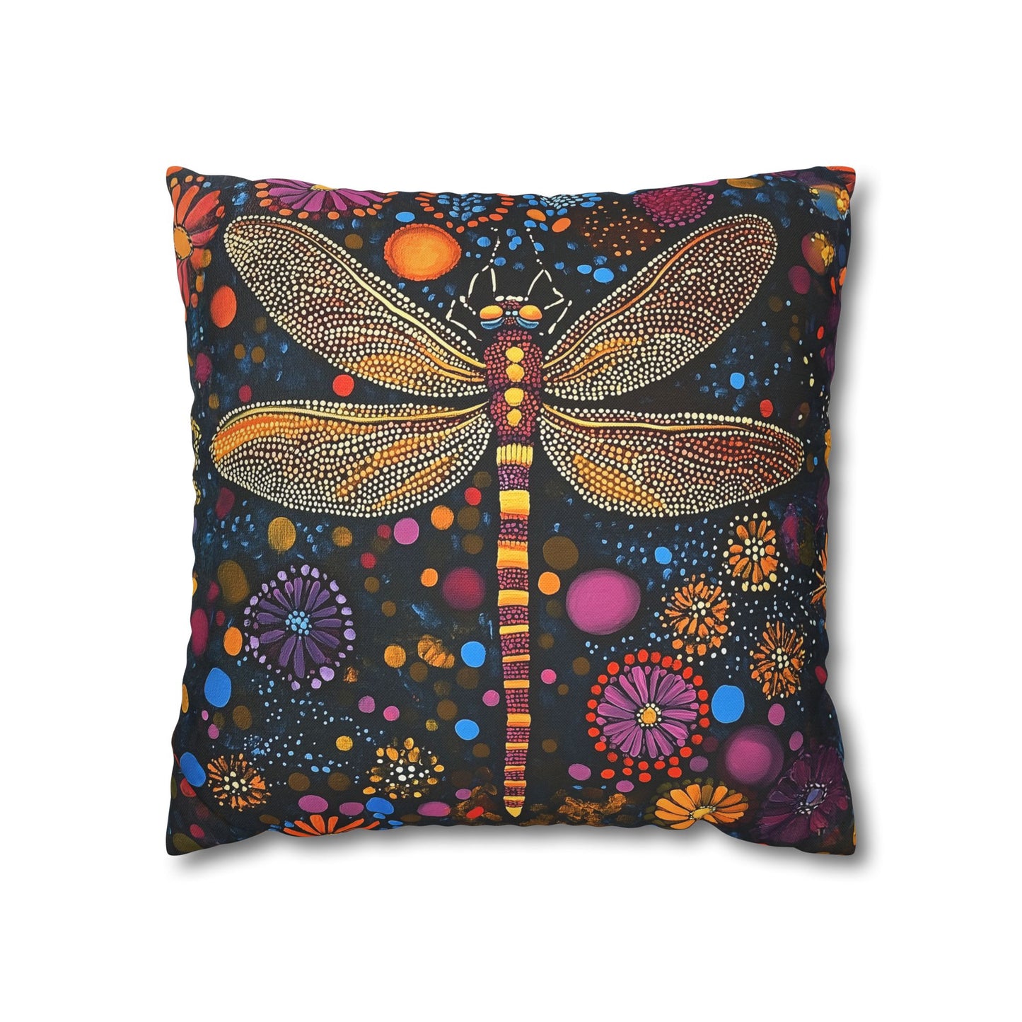 Vibrant Dragonfly Amidst a Kaleidoscope of Dot-Painted Blooms Spun Polyester Square Pillowcase 4 Sizes