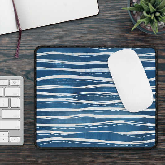 Serene Waves Minimalist Blue and White Abstract Pattern Gaming Mouse Pad with Finished Edges