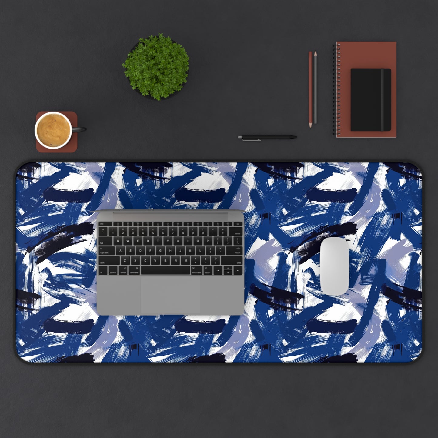 Midnight Frenzy Bold Abstract Brush Strokes in Shades of Deep Blue and White Gaming Mouse Pad  Desk Mat  - 3 Sizes