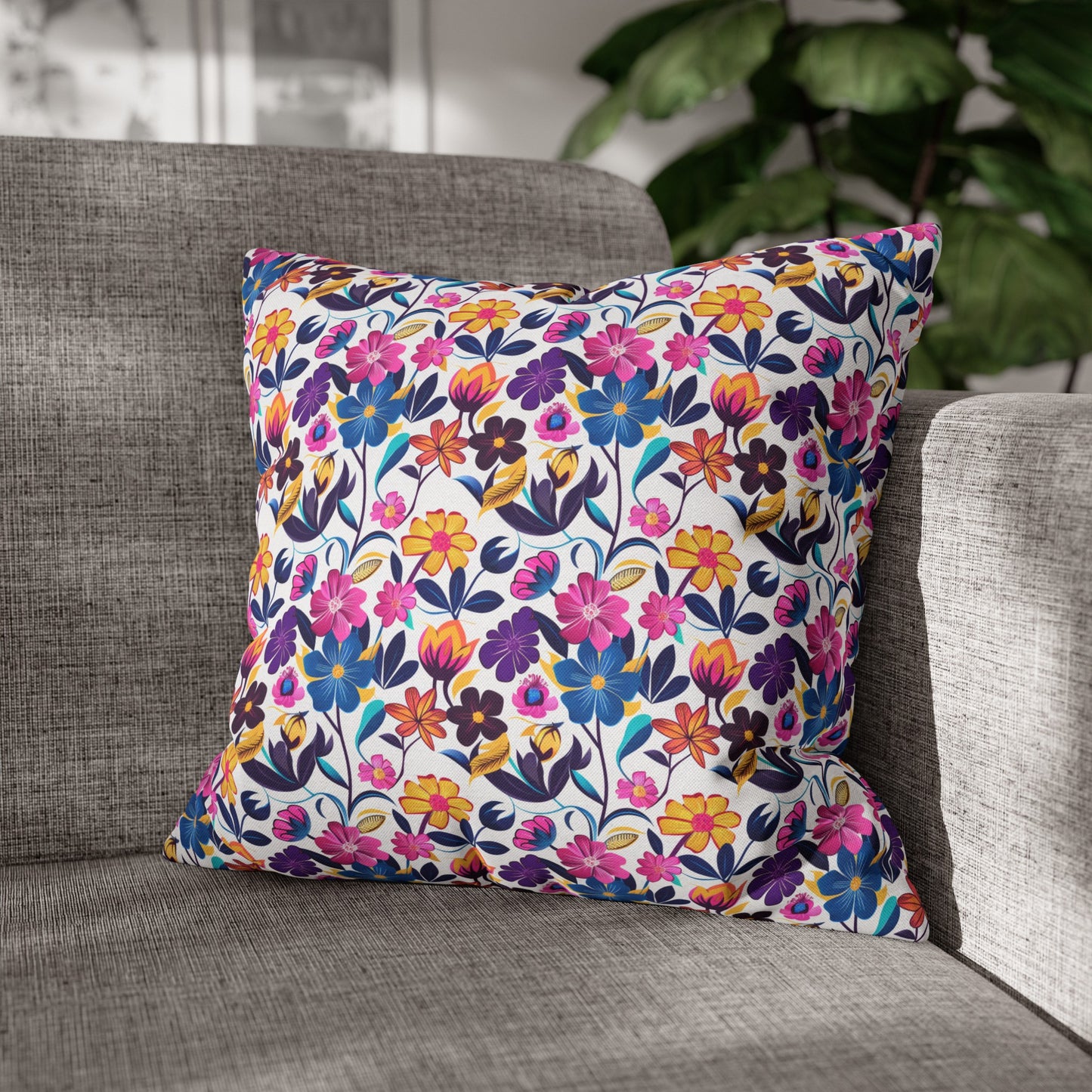 Floral Fiesta Vibrant Multicolor Flower Pattern Spun Polyester Square Pillowcase 4 Sizes