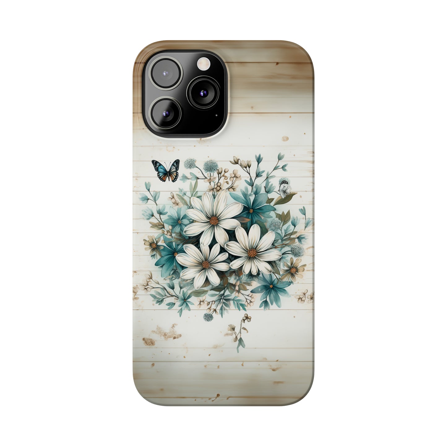 Rustic Charm Bouquet featuring Teal Accents White Wild Daisies with Butterflies  Iphone 15-12 Slim Phone Case