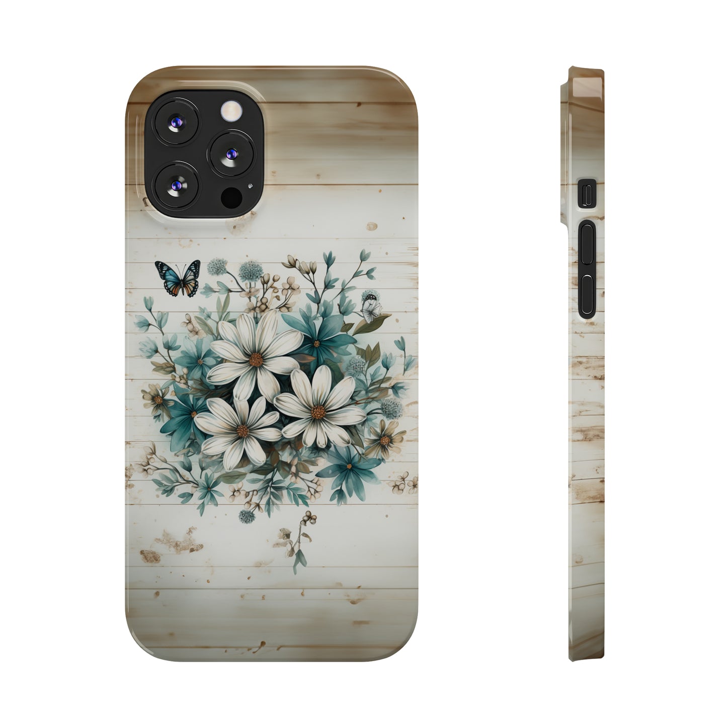 Rustic Charm Bouquet featuring Teal Accents White Wild Daisies with Butterflies  Iphone 15-12 Slim Phone Case