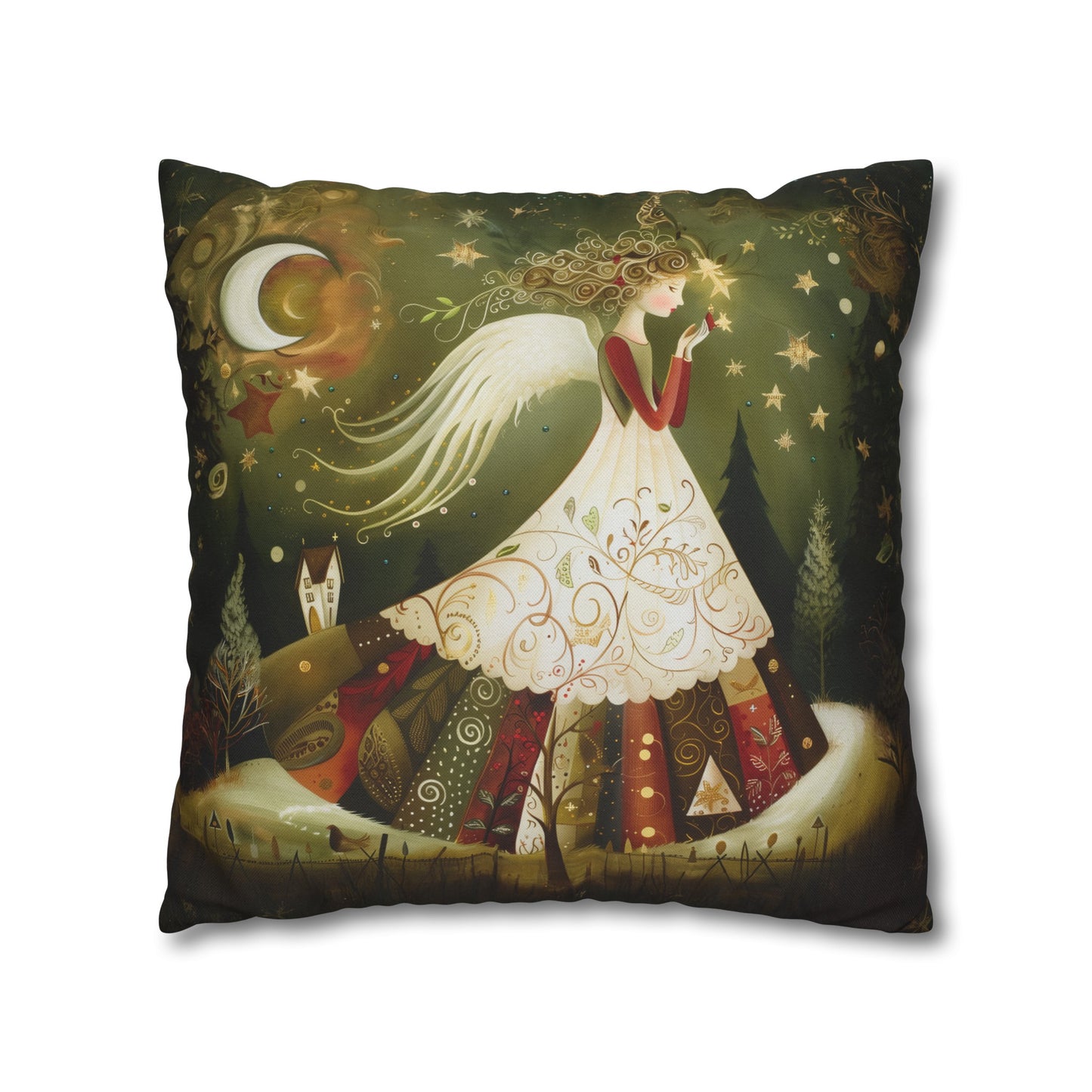 Christmas Angel in Tapestry Dress Amidst a Starlit Forest Spun Polyester Square Pillowcase 4 Sizes