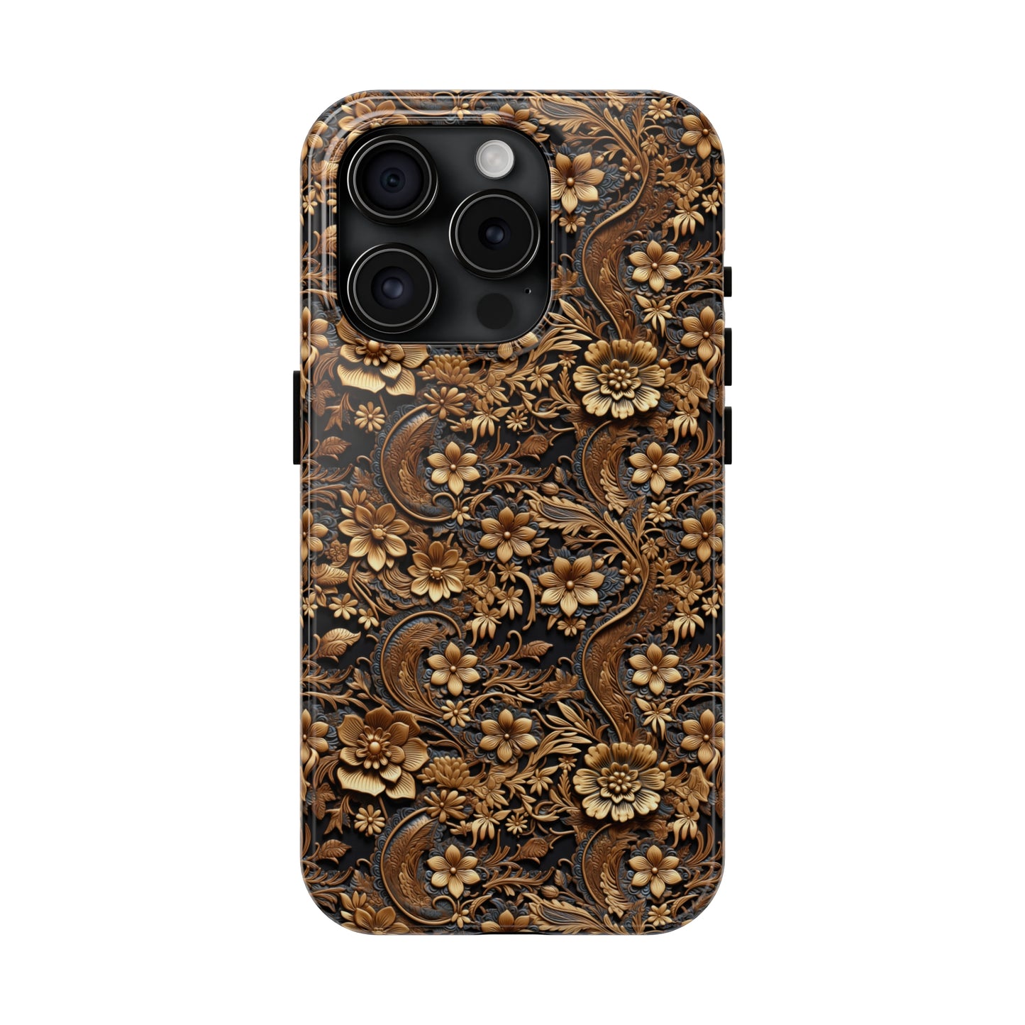 Tooled Leather Large Gold Flowers with Blue Leaf Swirl Accents Print Design Iphone Tough Phone Case