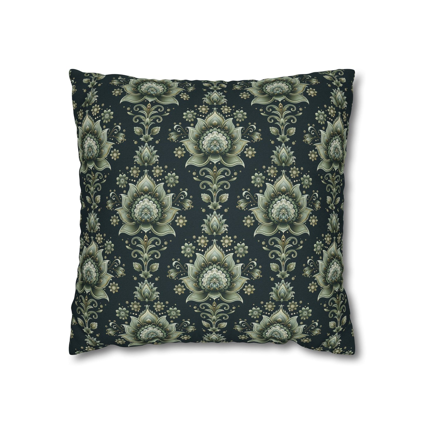 Ornate Green Mandala with Golden Accents on Dark Background Polyester Square Pillowcase 4 Sizes