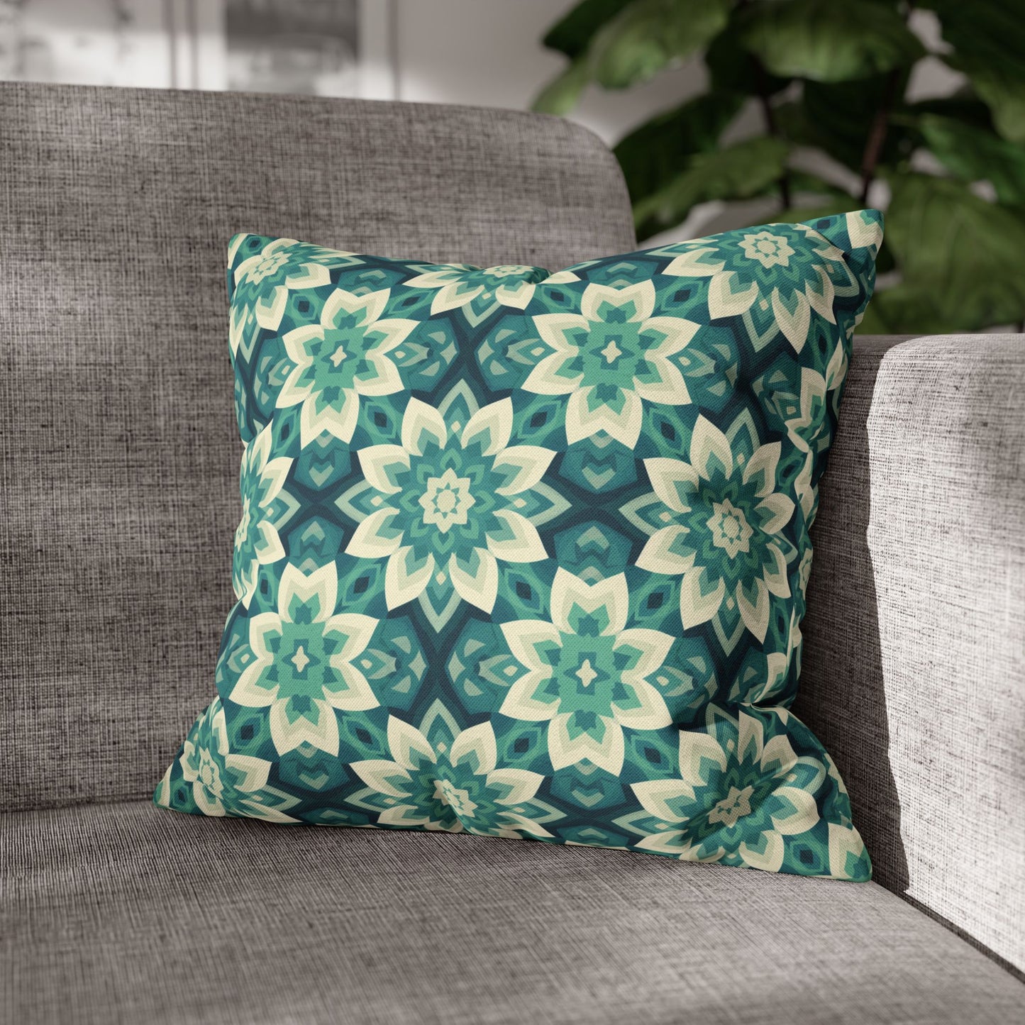 Intricate Aqua and Teal Mandala Floral Pattern Spun Polyester Square Pillowcase 4 Sizes