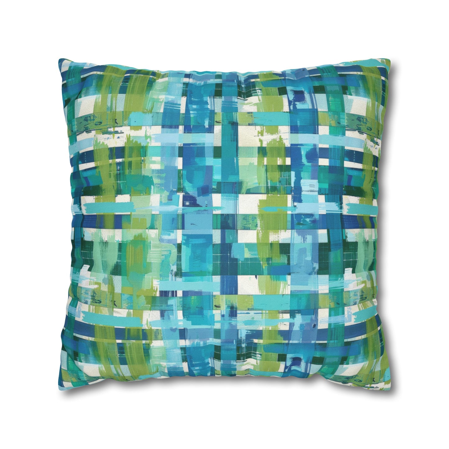 Enchanted Lagoon: Vibrant Green and Blue Abstract Plaid Spun Polyester Square Pillowcase 4 Sizes