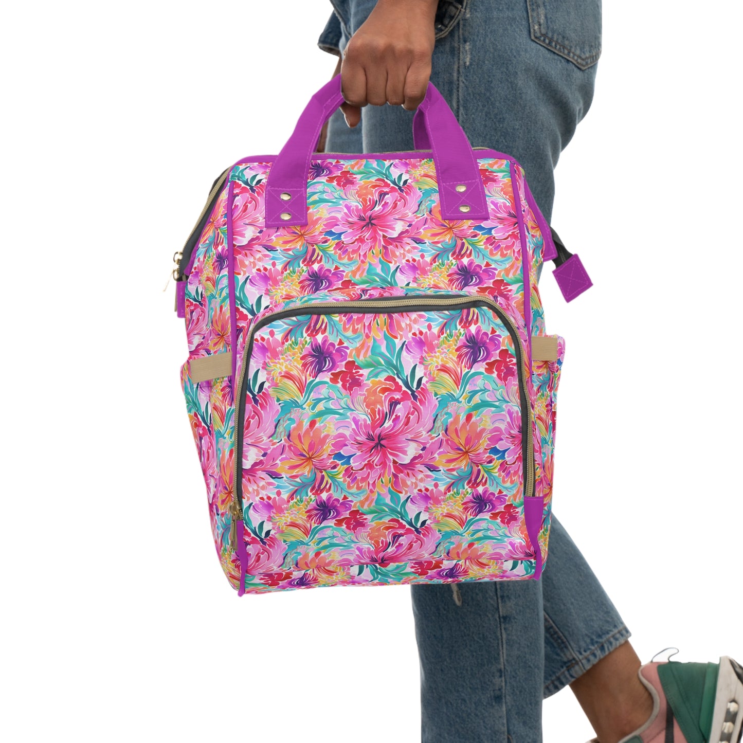 Rainbow Tropics: Watercolor Flowers in Vibrant Pink, Green and Orange Hues Multifunctional Diaper Backpack