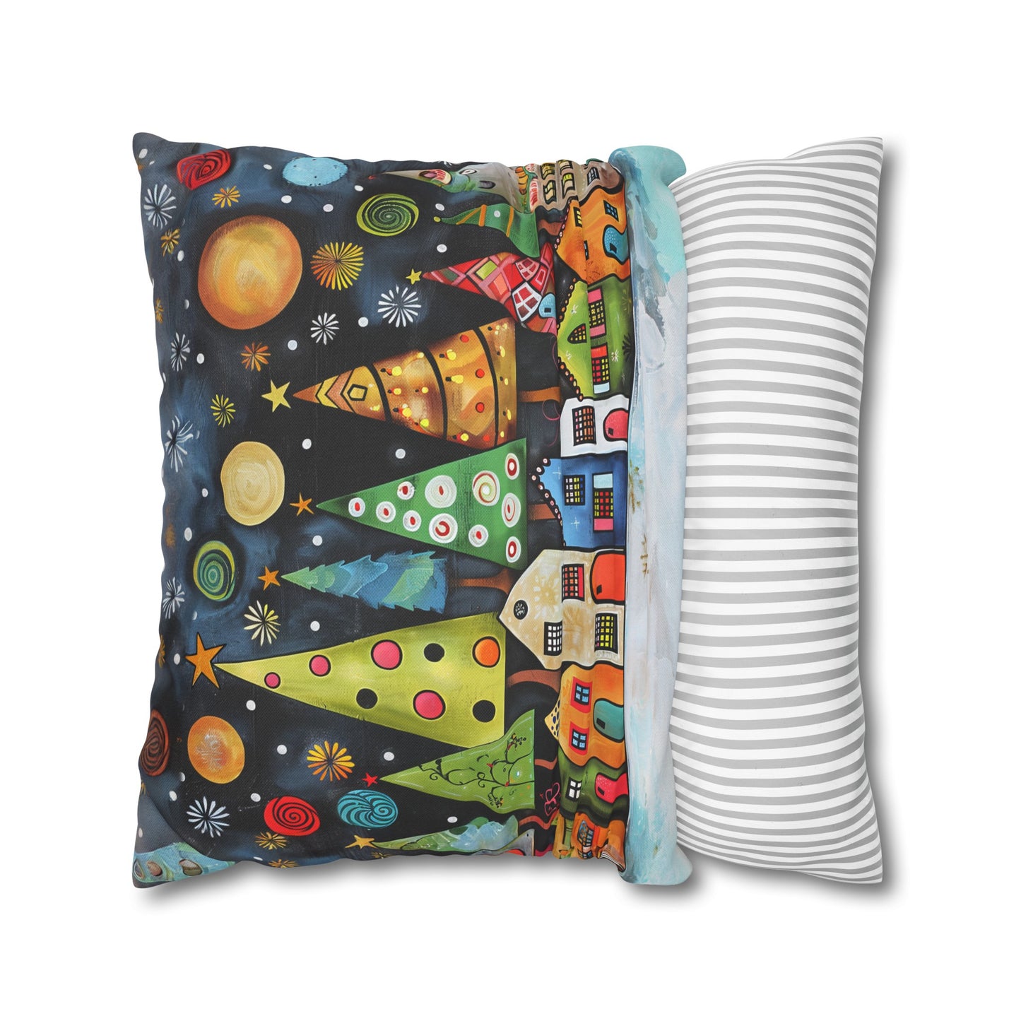 Holiday Haven: Abstract Folk Art Christmas Village Adorned with Christmas Trees Scene Spun Polyester Square Pillowcase 4 Sizes