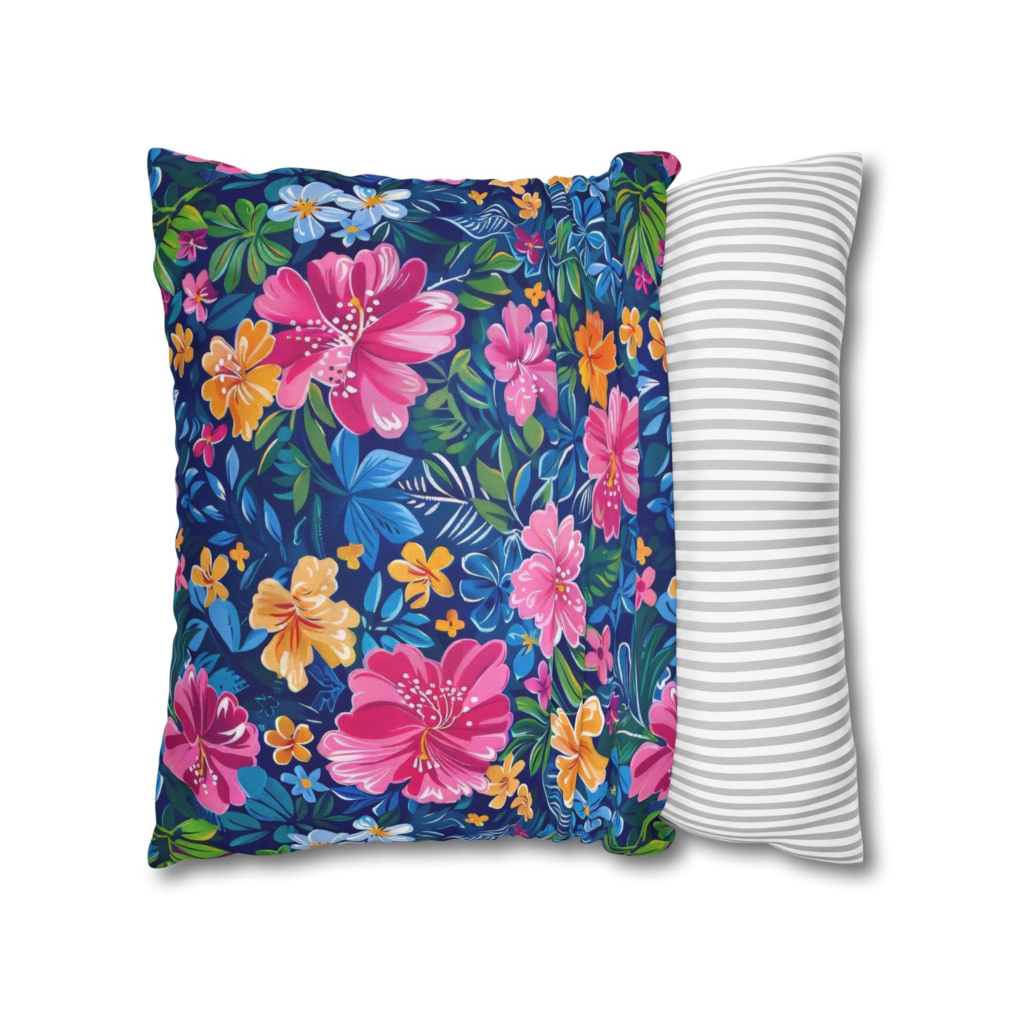 Tropical Sunrise Bloom: Pink Watercolor Flowers with Yellow and Blue Accents Spun Polyester Square Pillowcase 4 Sizes