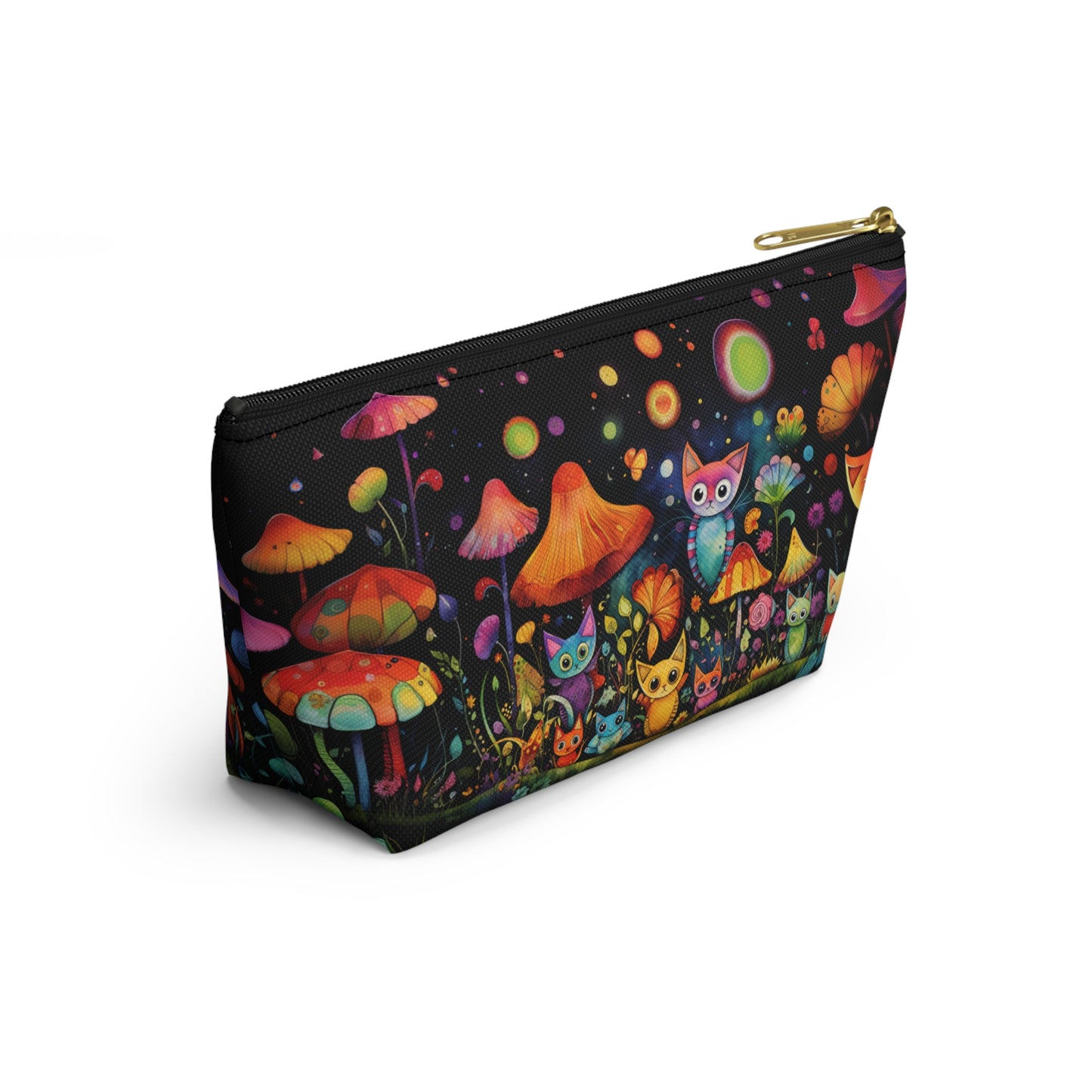 Mystical Cats Amidst a Garden of Flowers and Mushrooms, Beneath a Starry Sky - Makeup & Accessory Bag 2 Sizes