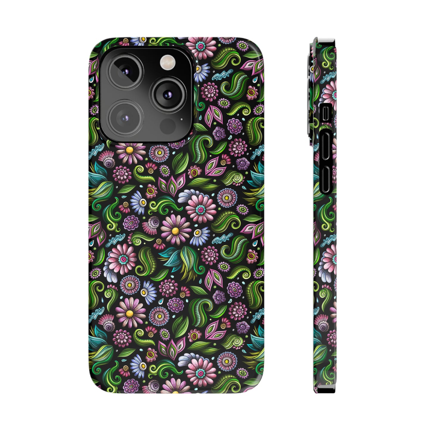 Purple & Pink Daisy Floral Print on Black Background Iphone 15-12 Slim Phone Case