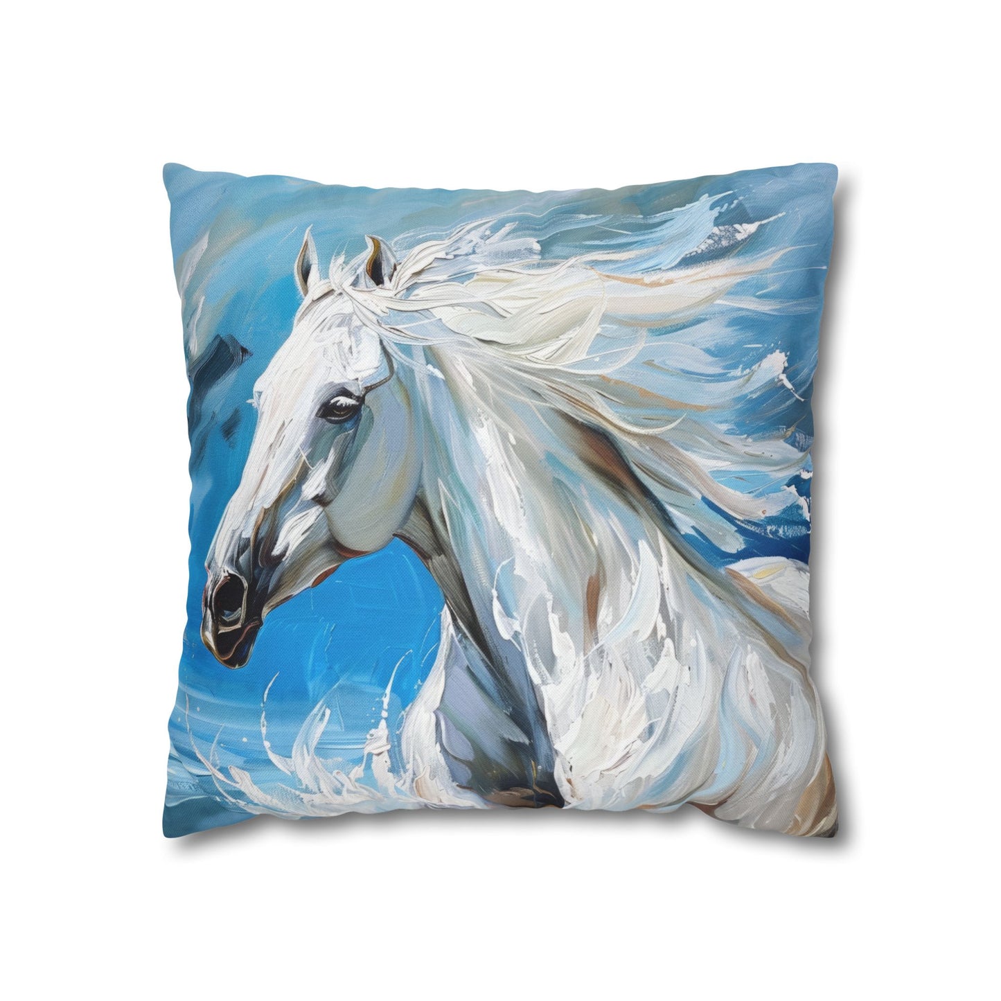 Majestic White Stallion Galloping Along the Oceans Edge Spun Polyester Square Pillowcase 4 Sizes