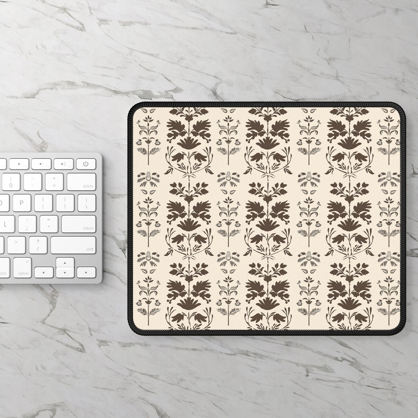 Early American Stencil-Inspired Beige and Brown Floral Pattern Gaming Mouse Pad with Finished Edges