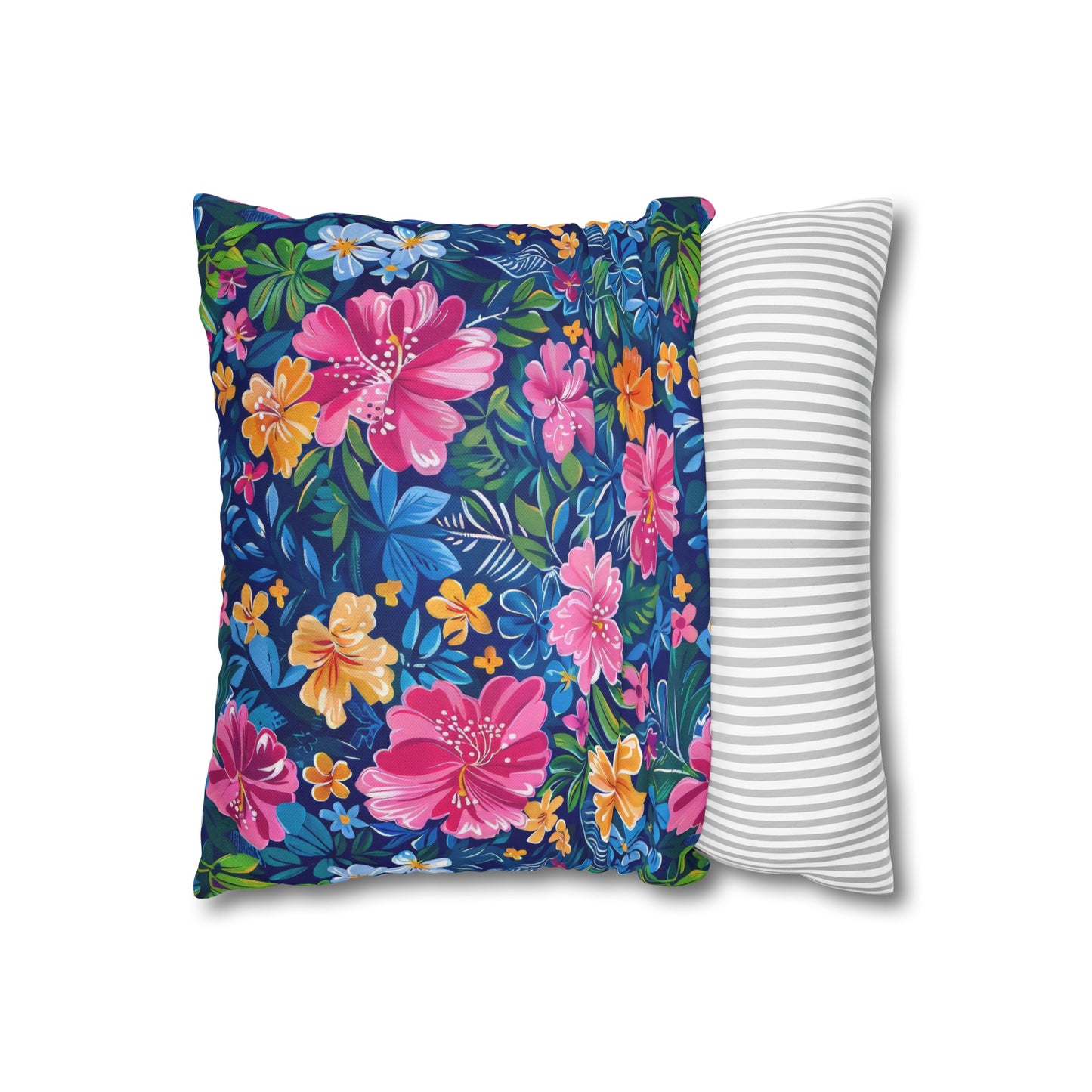 Tropical Sunrise Bloom: Pink Watercolor Flowers with Yellow and Blue Accents Spun Polyester Square Pillowcase 4 Sizes