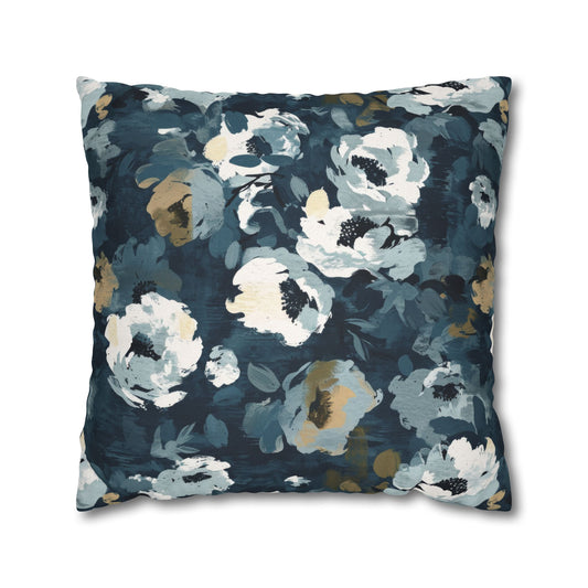 Chic and Artistic Floral Blooms in Shades of Navy, Gray, and Soft Gold Spun Polyester Square Pillowcase 4 Sizes