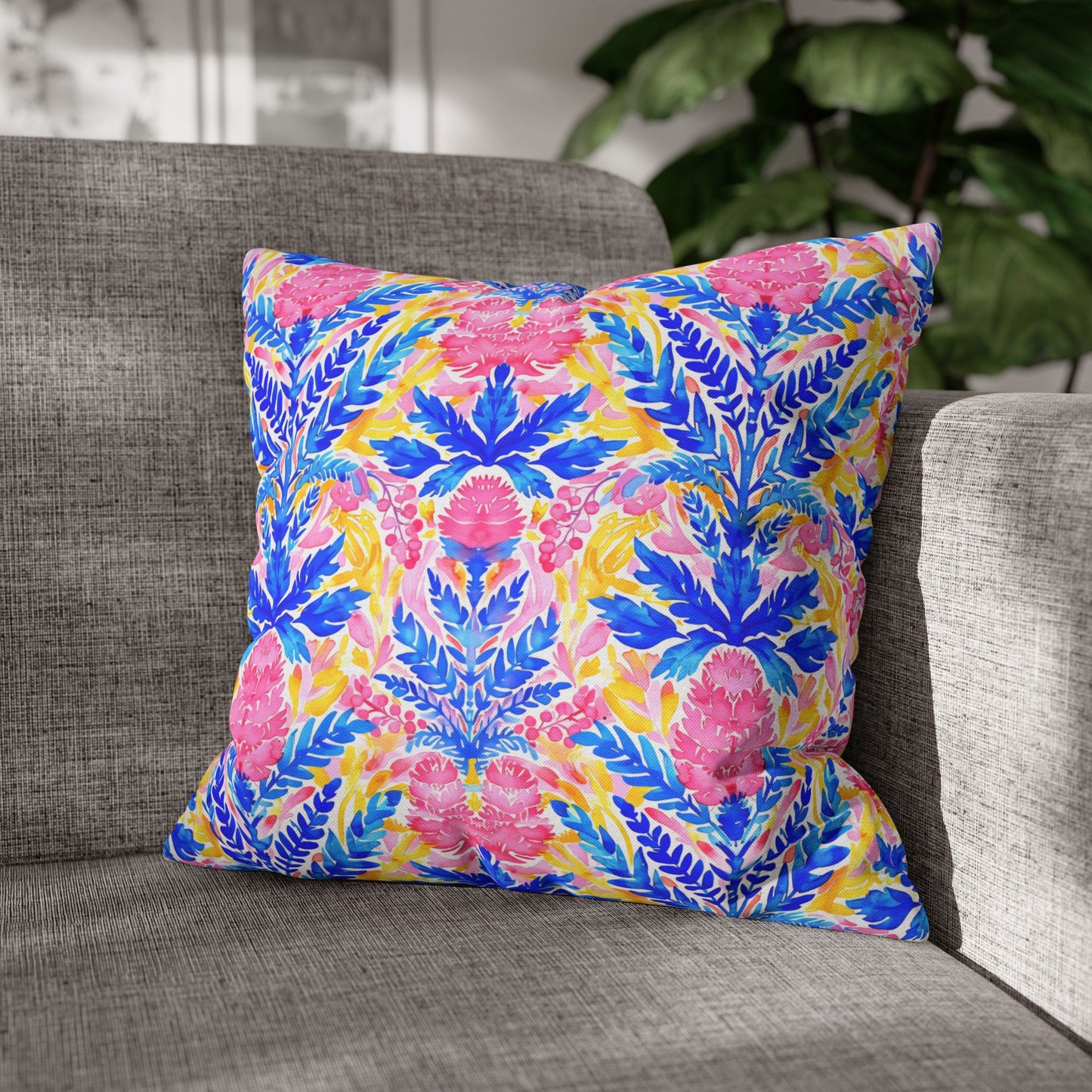 Tropical Watercolor Blooms in Vibrant Pinks and Blues Spun Polyester Square Pillowcase 4 Sizes