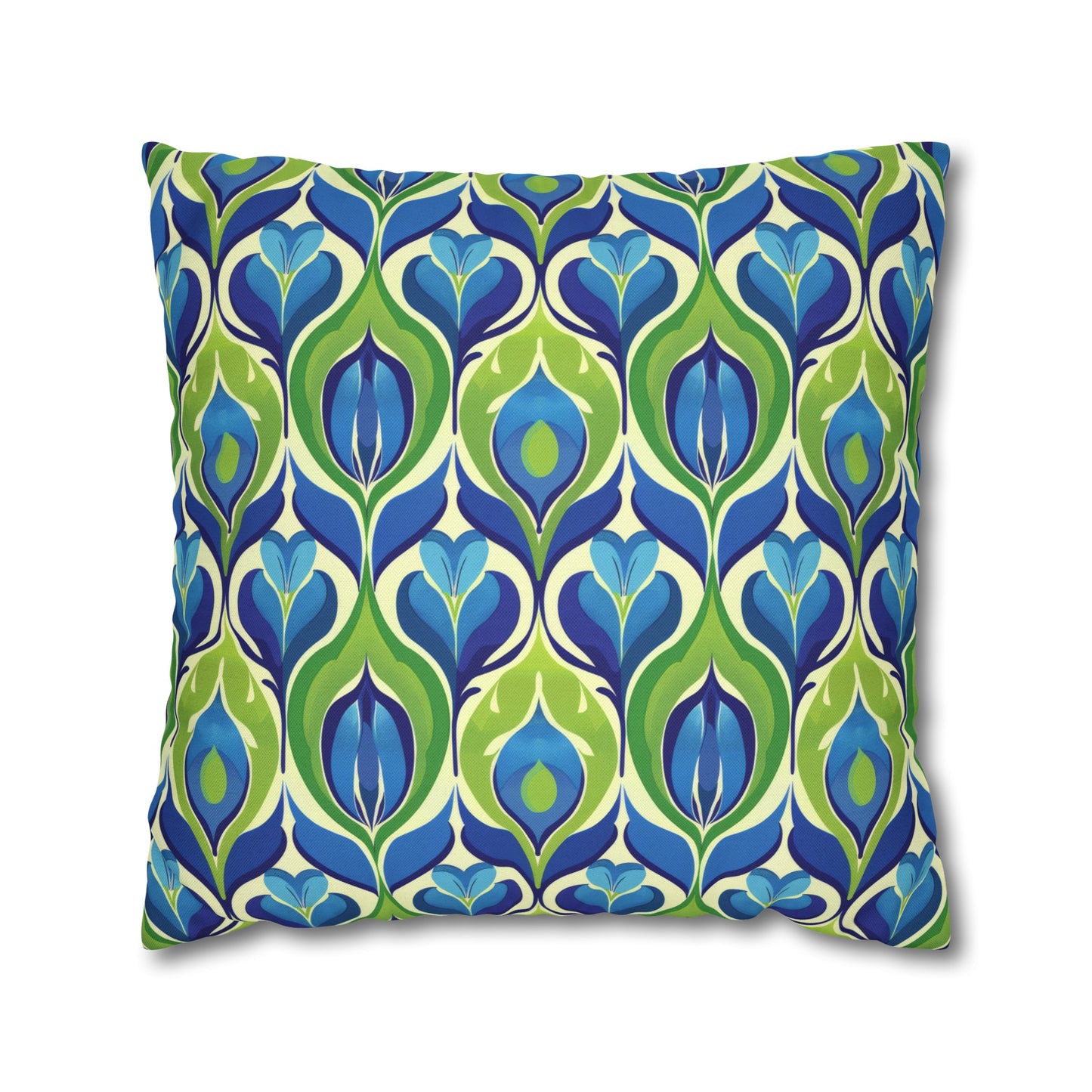 Retro Vibrant Peacock Blue and Green Floral Design Spun Polyester Square Pillowcase 4 Sizes