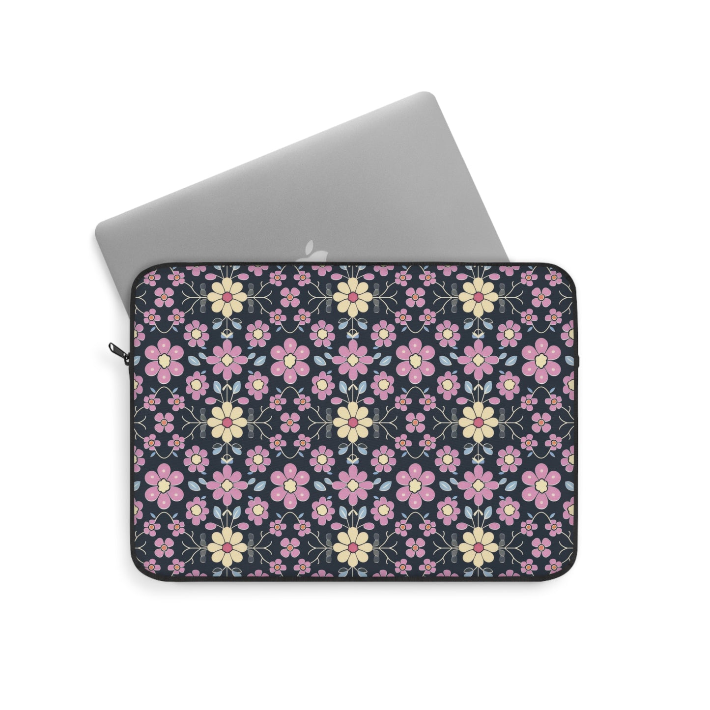 Charming Pastel Pink and Yellow Flowers on Navy Blue Background Laptop or Ipad Protective Sleeve 3 Sizes Available