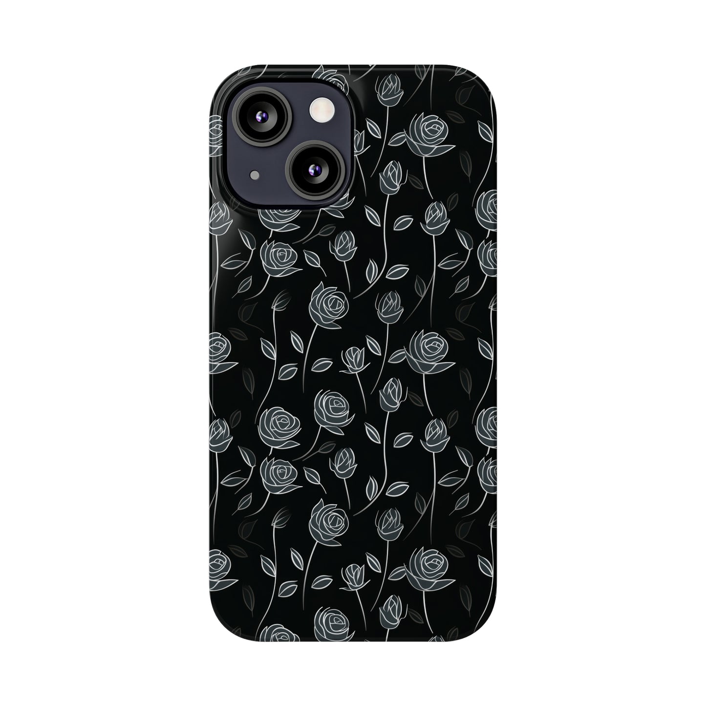 Contrasting Elegance: White Outlined Roses on a Black Background Iphone 15-12 Slim Phone Case