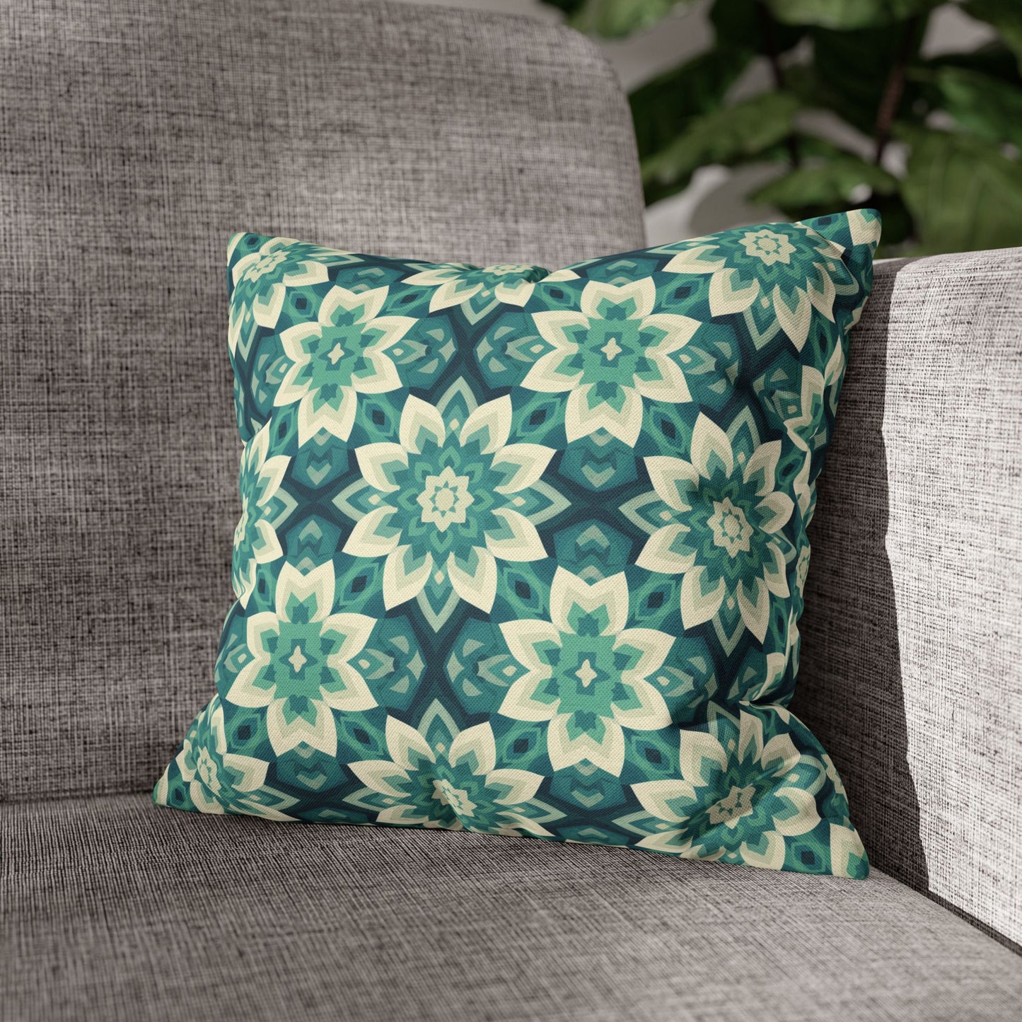 Intricate Aqua and Teal Mandala Floral Pattern Spun Polyester Square Pillowcase 4 Sizes