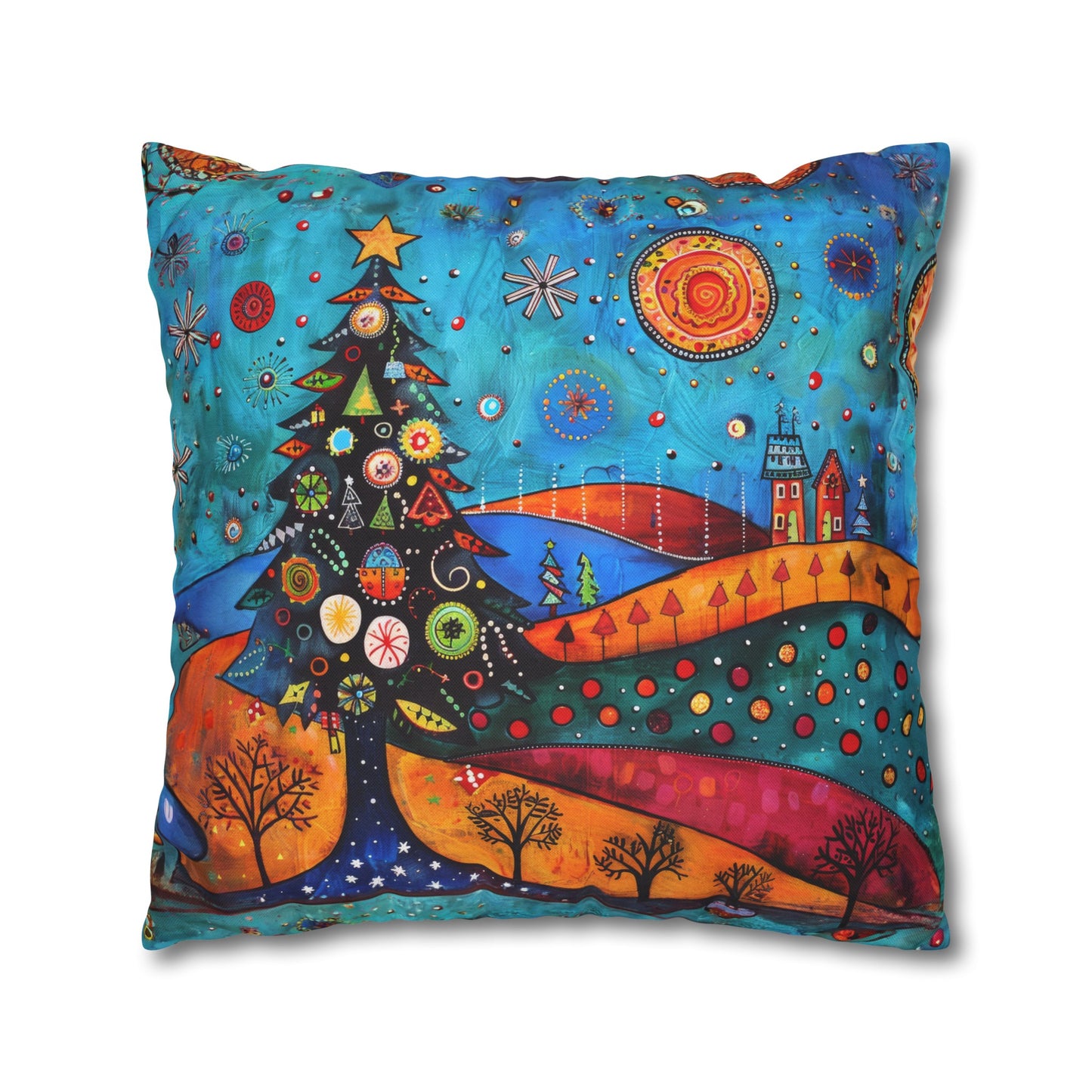 Folk Art Christmas Tree Nestled Amidst Rolling Hills Spun Polyester Square Pillowcase 4 Sizes