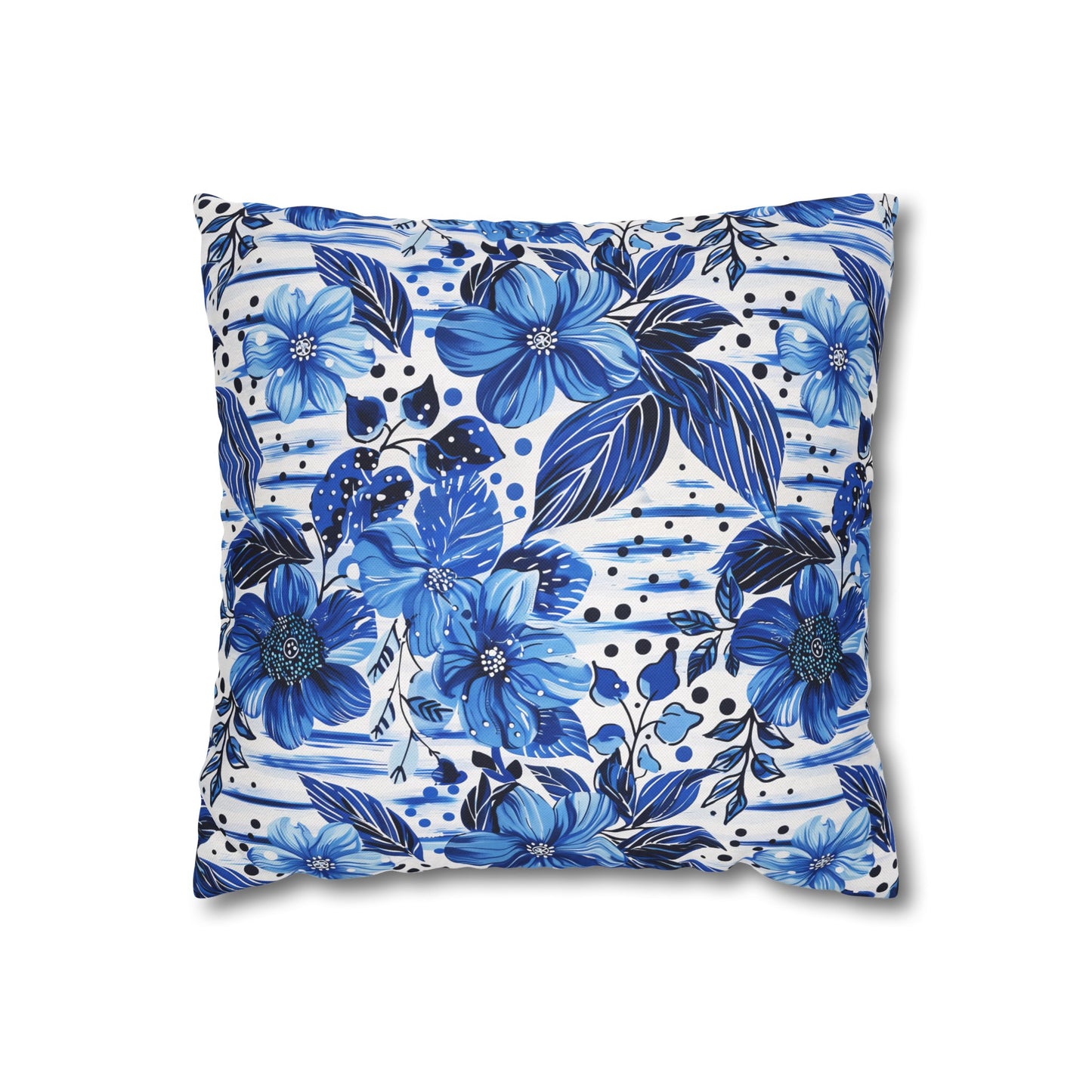 Floral Symphony in Shades of Blue, Harmonized with Abstract Lines Spun Polyester Square Pillowcase 4 Sizes