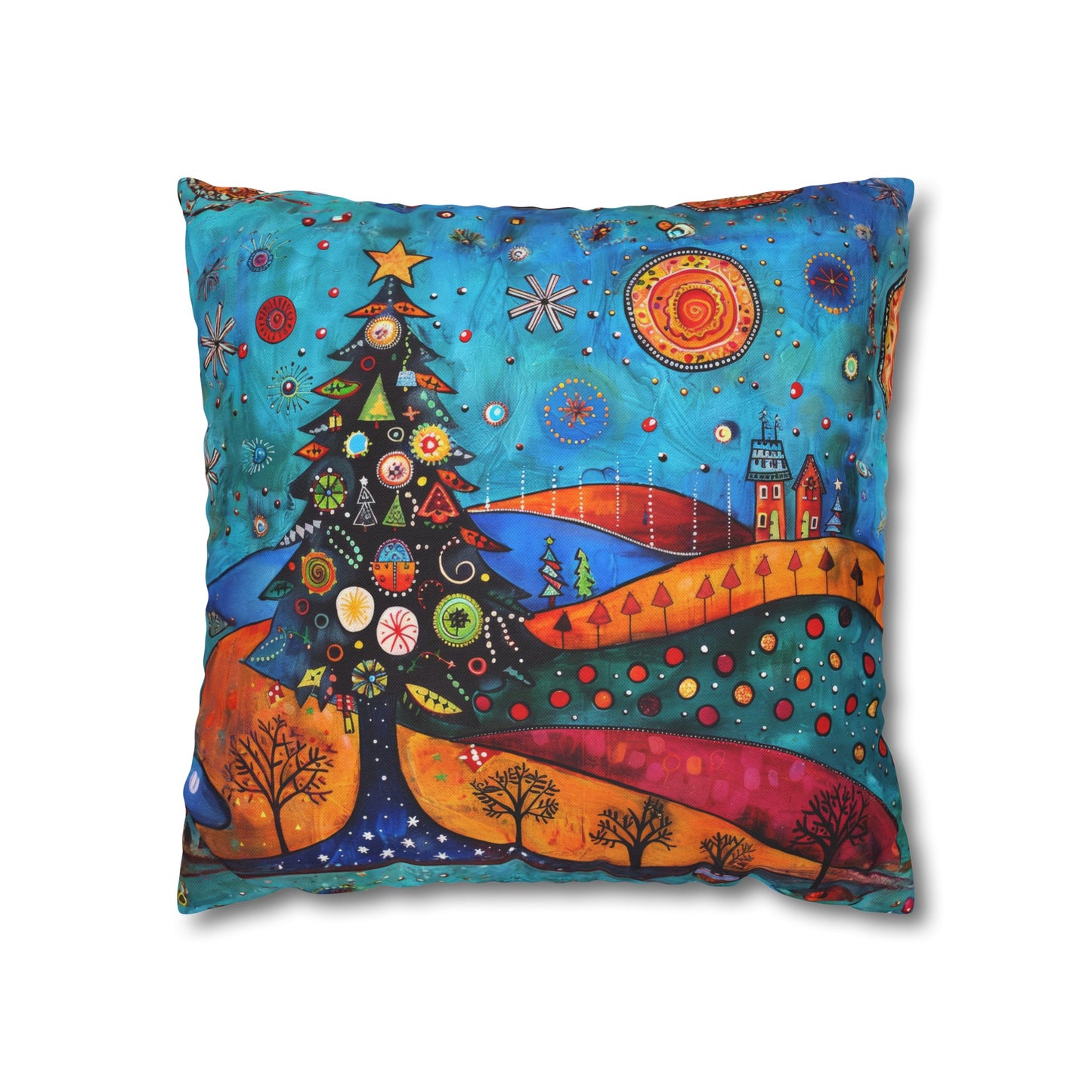 Folk Art Christmas Tree Nestled Amidst Rolling Hills Spun Polyester Square Pillowcase 4 Sizes