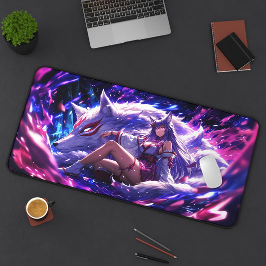 Anime Kitsune Fox Girl Mousepad, Spirit Wolf, Desk Mat, Extra Large Mousepad, Gaming Desk Mat, Desktop Accessory