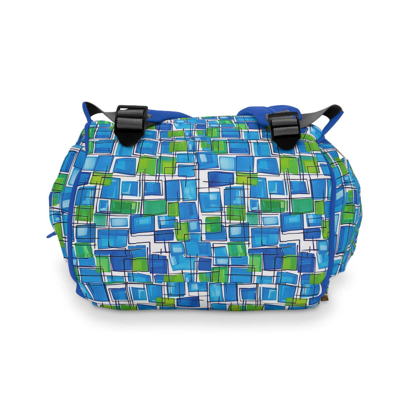 Abstract Interplay of Blue and Green Squares with Meandering Lines Multifunctional Diaper Backpack