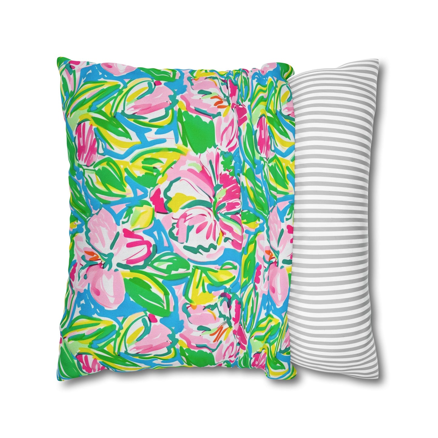 Whispering Meadows: Pink Blossoms, Lush Green Leaves, and Accents of Yellow and Blue Spun Polyester Square Pillowcase 4 Sizes