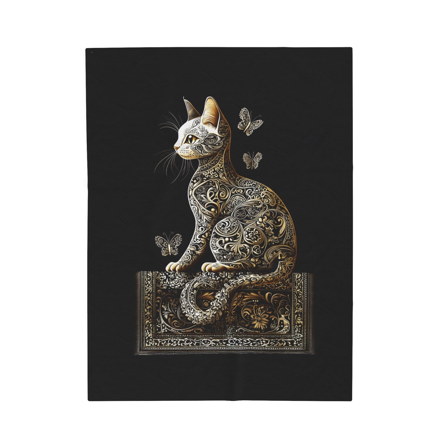 Ornate Black and Gold Paisley Cat with Fluttering Butterflies Velveteen Plush Blanket 3 Sizes