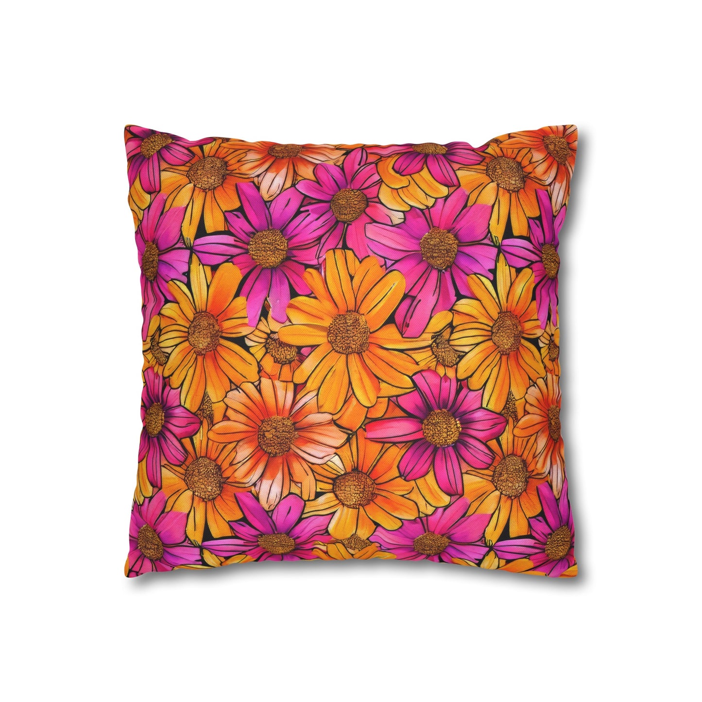 Vibrant Daisy Delight with Bold Orange and Pink Spun Polyester Square Pillowcase 4 Sizes