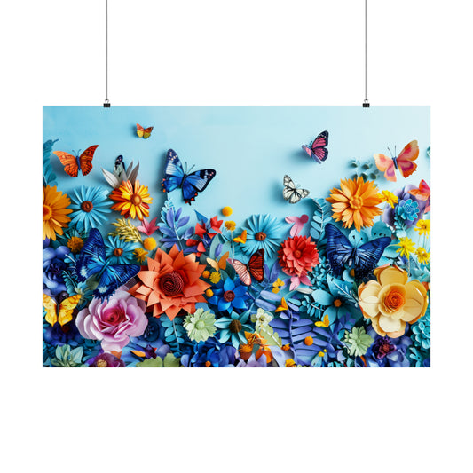 Fluttering Beauties: Paper Sculpted Vibrant Butterflies and Flowers on Matte Print - 7 Sizes