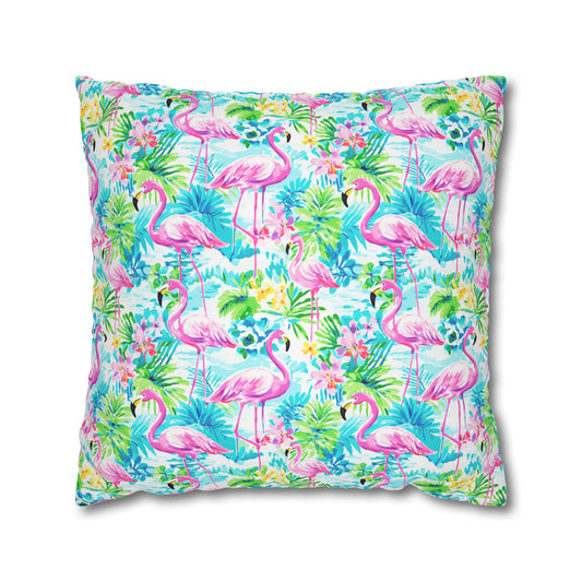 Tropical Flamingo Haven: Surrounded by Flowers and Palm Trees Spun Polyester Square Pillowcase 4 Sizes