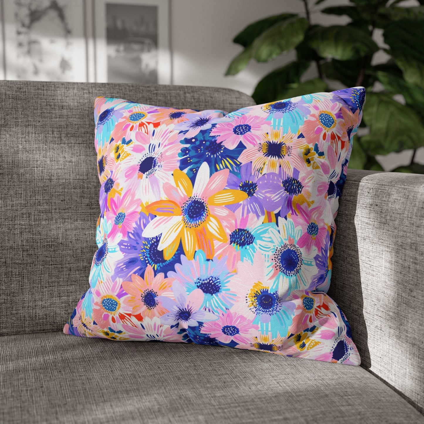 Watercolor Wonderland: Large Colorful Daisies Blooming with Radiance Spun Polyester Square Pillowcase 4 Sizes