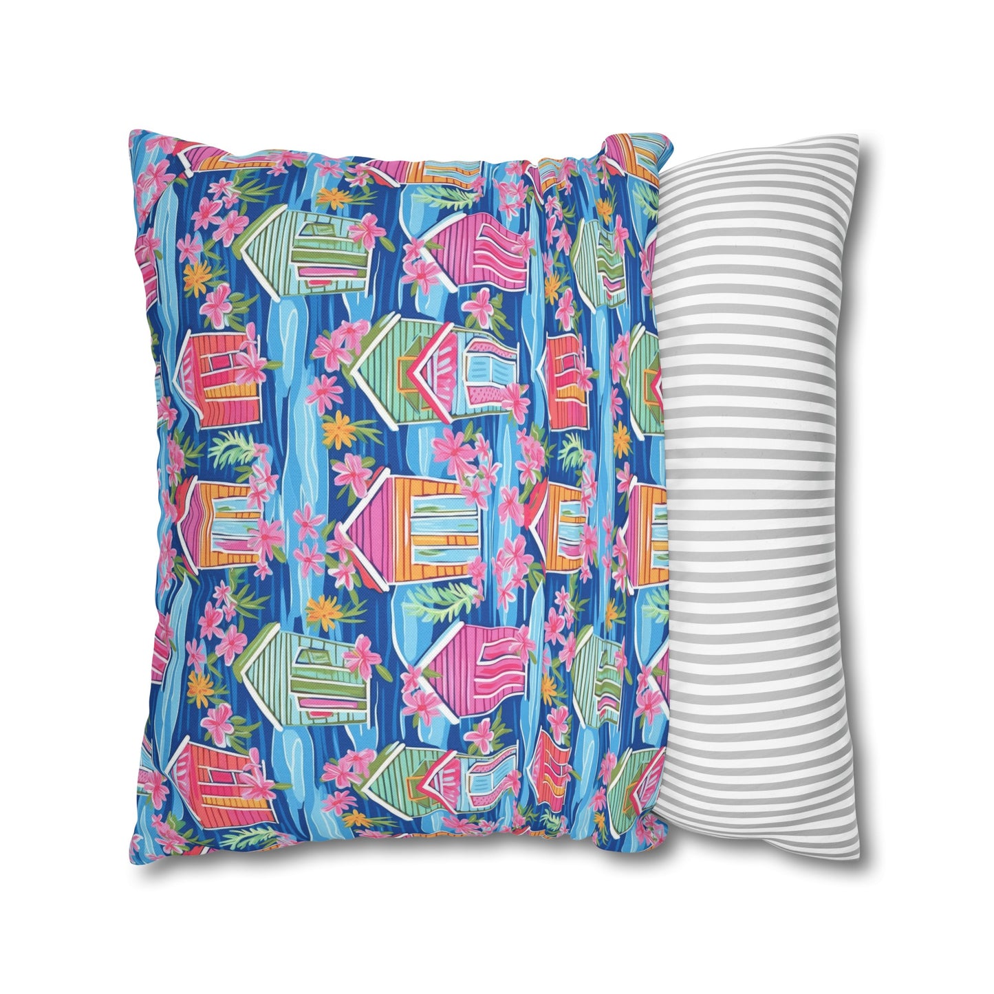 Seaside Serenade: Watercolor Beach Houses Amidst Blooming Florals Spun Polyester Square Pillowcase 4 Sizes