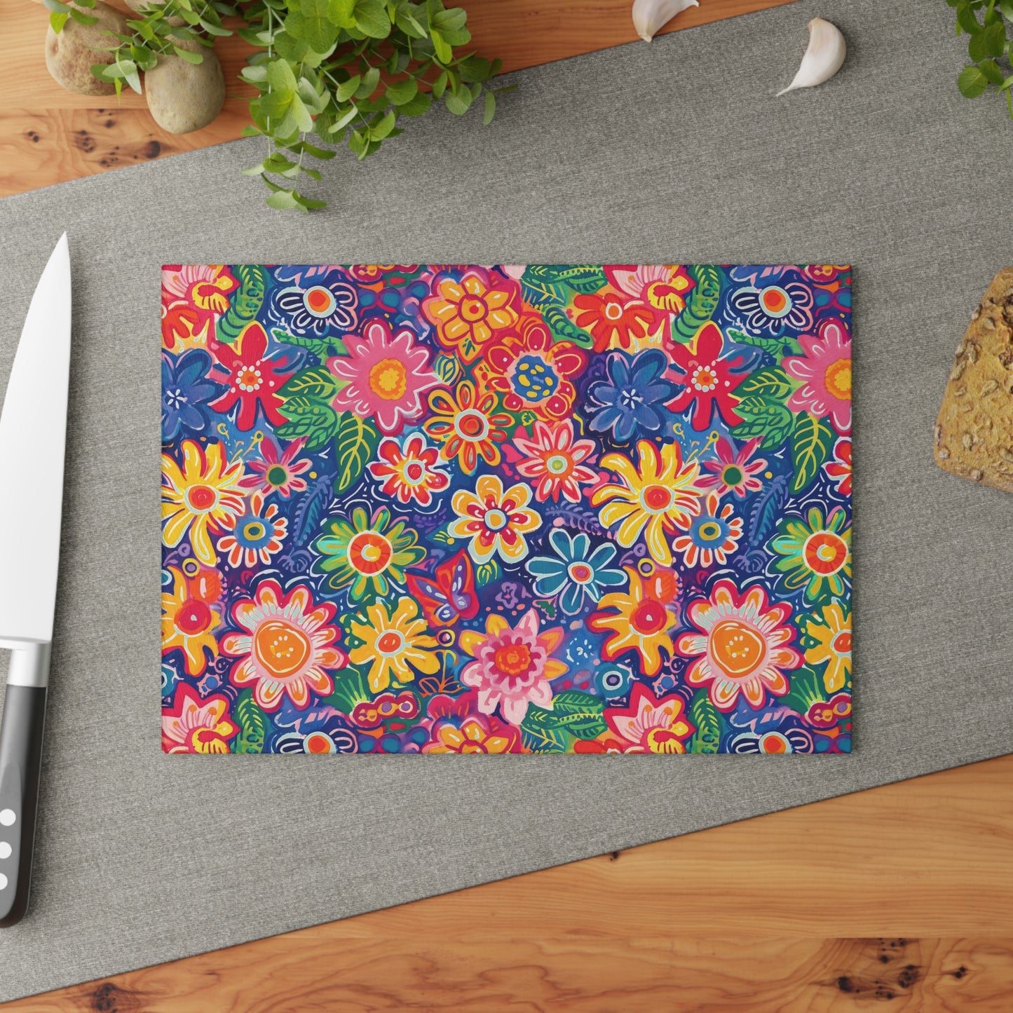 Fluttering Kaleidoscope: Vibrant Multicolor Flowers and Butterflies in Flight Cutting Board 2 Sizes