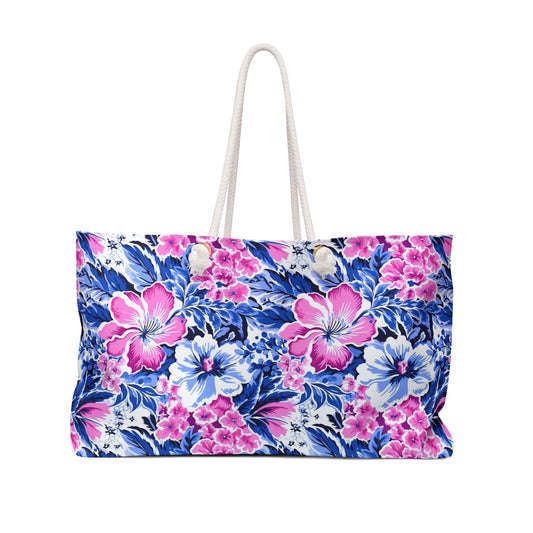 Bright Blooms: Pink and Blue Watercolor Hibiscus in Vivid Splendor Oversized Weekender Bag