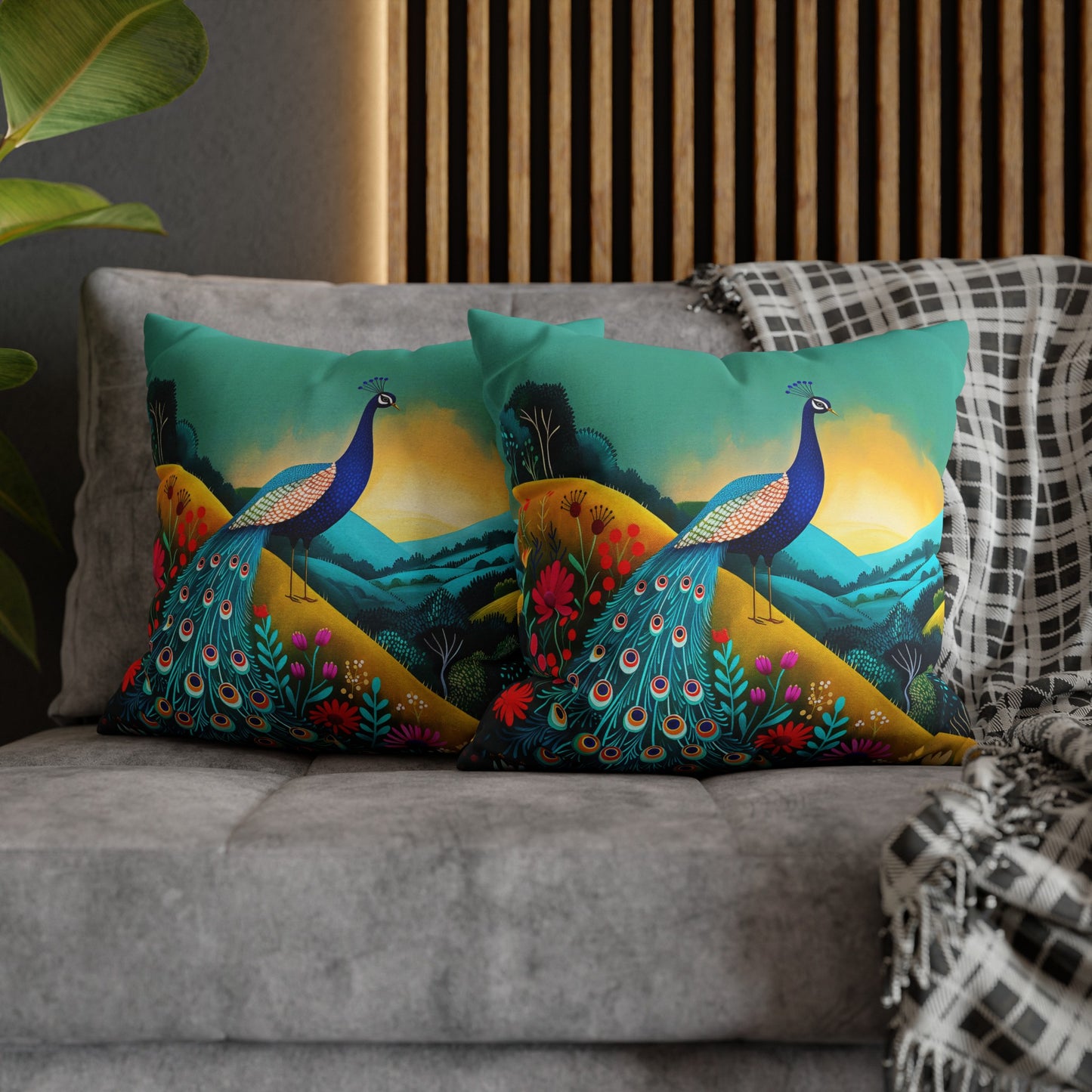 Radiant Peacock with Colorful Enchanted Garden and Sunrise Spun Polyester Square Pillowcase 4 Sizes