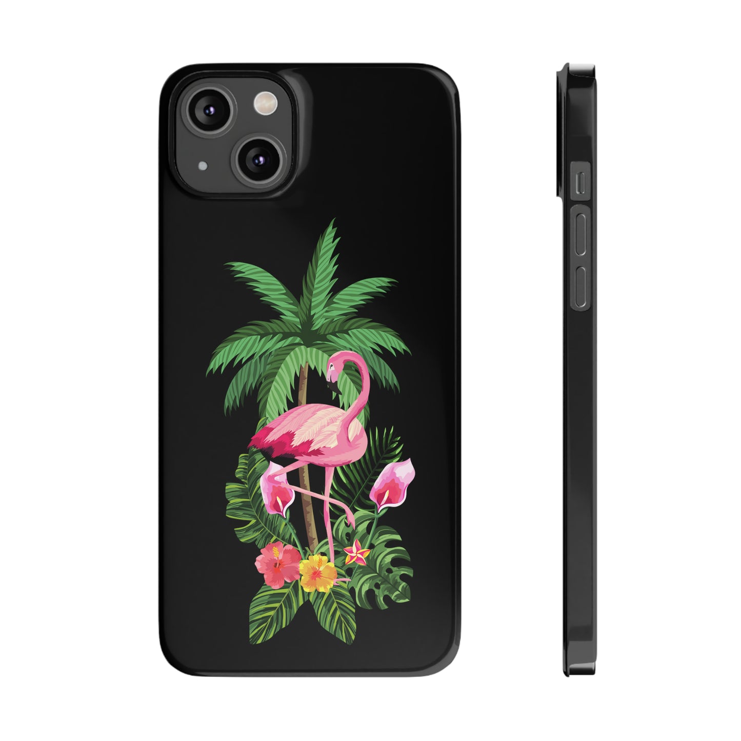 Tropical Pink Flamingo and Flowers Black Background Iphone 15-12 Slim Phone Case