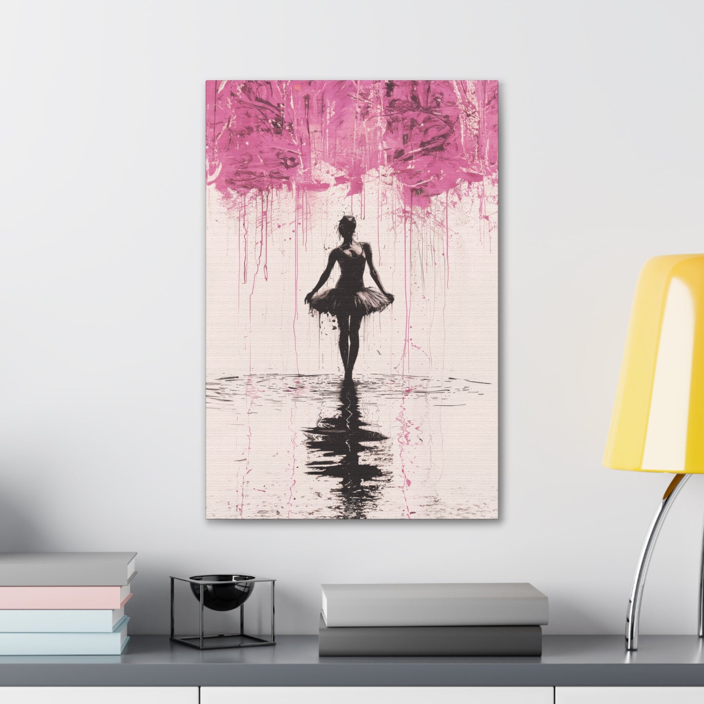 Dreamlike Reverie: Ballerina Dancing Amidst Pink Clouds and Gentle Rain Print on Canvas Gallery - 13 Sizes