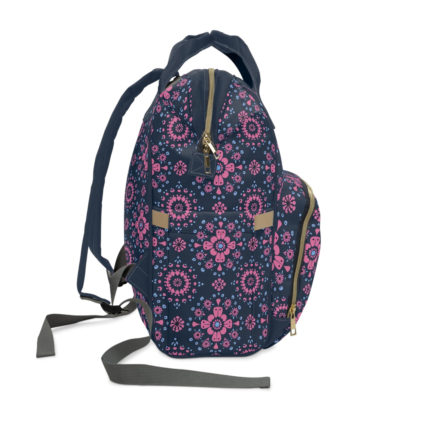 Midnight Garden in Pink and Blue Floral Mandala Pattern on Navy Multifunctional Diaper Backpack