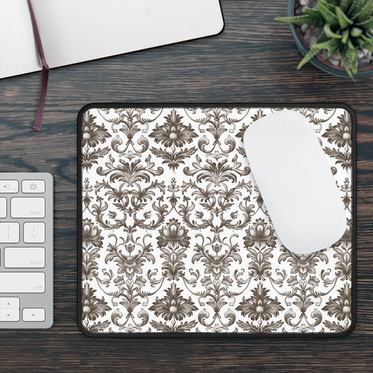 Timeless Rococo Elegance in Detailed Brown and White Floral Pattern Mouse Pad with Finished Edges